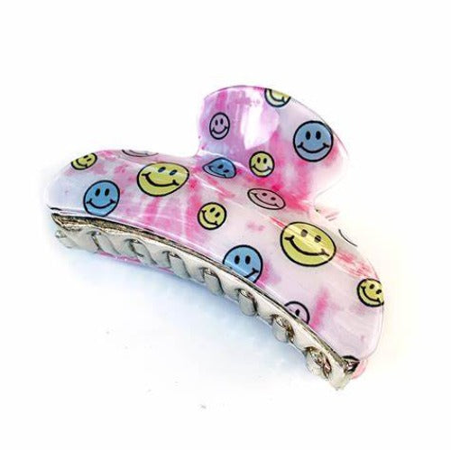 CLAW-SMILEY7 LARGE PINK TIE DYE HAPPY FACE CLAW CLIP